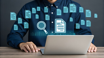 A person uses a laptop to search, analyze, and manage electronic documents for effective content and information retrieval.