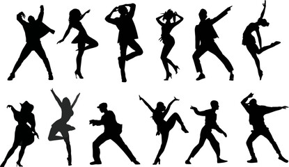 Fototapeta premium Silhouettes of dancers showcase energetic movements, creating a dynamic and expressive performance vector on a white background for various designs.