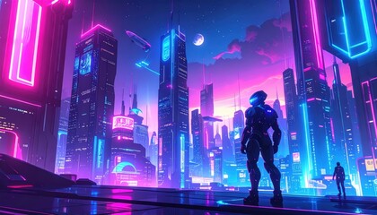 A neon-lit futuristic cityscape with towering skyscrapers, flying vehicles, and armored figures under a vibrant, colorful night sky.