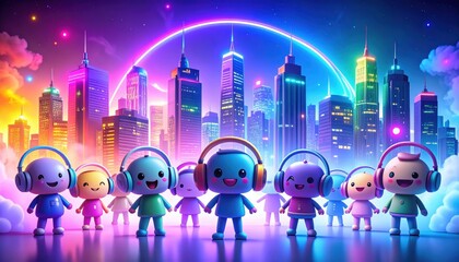 Cute cartoon characters with headphones stand in front of a vibrant, colorful city skyline under a glowing rainbow at dusk.