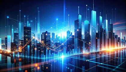 A futuristic cityscape with glowing skyscrapers and digital data lines, symbolizing technology, innovation, and smart urban infrastructure.