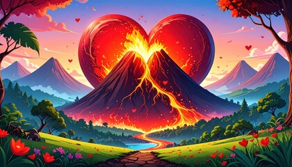 A vibrant landscape shows a volcano erupting into a glowing heart, surrounded by mountains, trees, and colorful flowers under a dramatic sky.