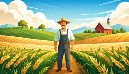 A smiling farmer stands in a golden wheat field with rolling hills, a red barn, and blue sky in the background.
