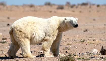 A polar bear walks alone across a dry, barren landscape under a clear sky.