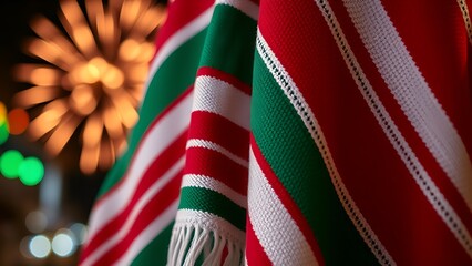 Traditional serape poncho with bold red, green, and white stripes, soft bokeh lights resembling fireworks in the background.