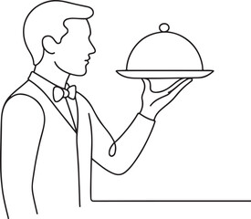 Waiter Holding Plate with Cloche Line Drawing for Restaurant and Food Service Themes
