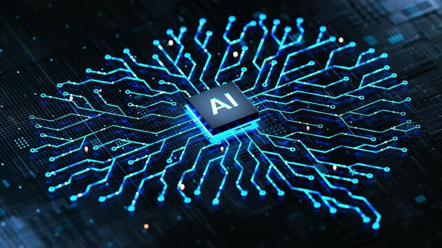 AI chip on a circuit board. Symbolizes technological advancement and artificial intelligence integration. 3d rendering, conceptual image.