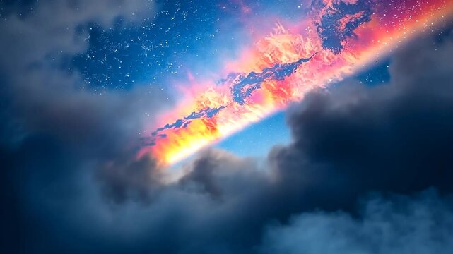 Spectacular Night Sky Celestial Burst of Light Among Clouds and Stars