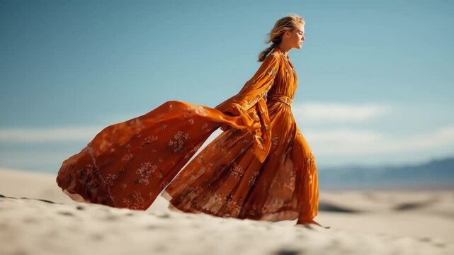 Elegant woman in flowing orange dress walking through sunlit desert sand