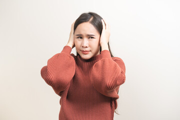 Dizzy asian young woman, stressed girl headache, pain migraine pain suffering from vertigo standing...