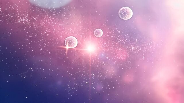 Cosmic Dance A celestial scene with sparkling light and ethereal bubbles floating in the deep space universe backdrop.