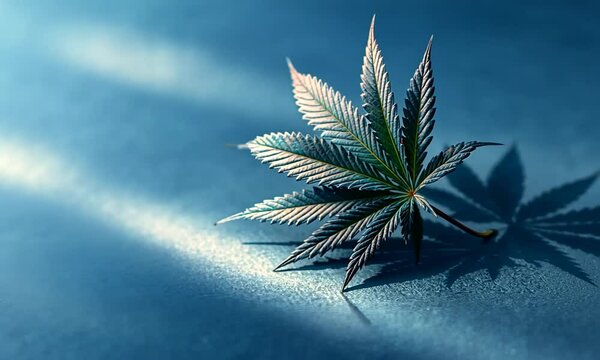 Close-up of a cannabis leaf against a dark-blue backdrop