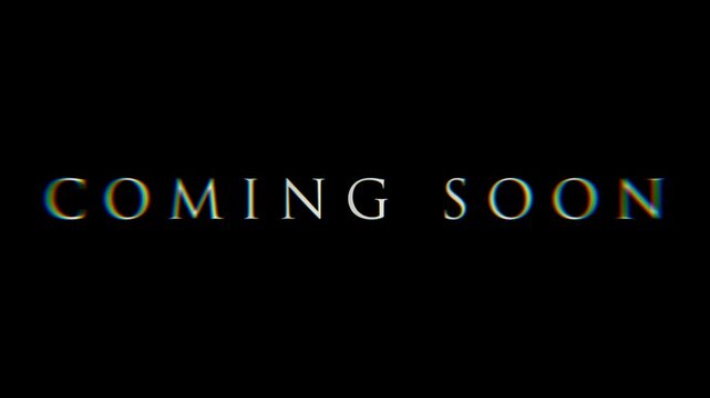 Coming soon cinematic text animation on black background, glowing dramatic title reveal with light distortion, movie-style announcement intro, modern promo teaser typography animation for trailer