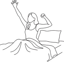 Woman Stretching in Bed After Waking Up Line Art for Morning Routine and Lifestyle Themes