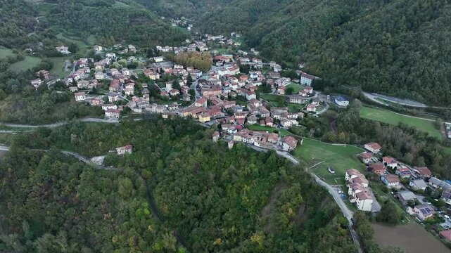 Aerial view of the village of Vetto d'Enza in the province of Reggio Emilia, Emilia Romagna, Italy