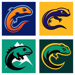 Four stylized lizard illustrations in different color schemes and backgrounds displayed in a grid format