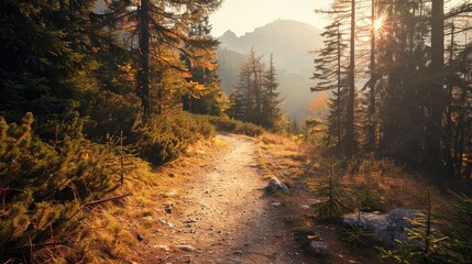 Fototapeta premium Peaceful autumn forest trail with colorful leaves and fresh mountain air.