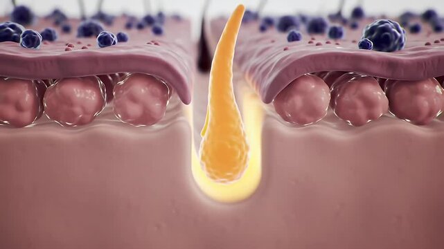 Laser Hair Removal Under Microscopic View Showing Dark Hair Follicle Being Targeted by Beam on Skin layers