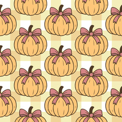 Hand Drawn Pumpkins Seamless Pattern on Yellow Gingham Background