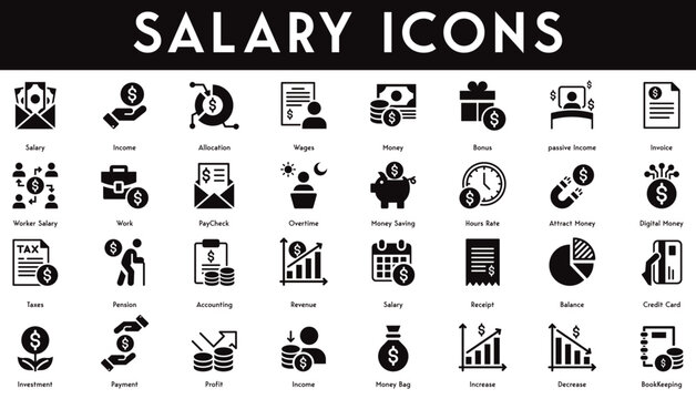 Salary Icons set vector illustration with collection of book keeping, increase, decrease, money bag, income, profit, payment, investment, credit card, balance, receipt, revenue, tax, attract money.