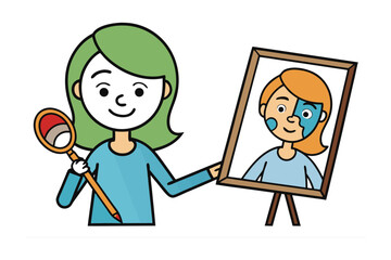 Artist kneeling and painting geometric design with brush and red string on paper