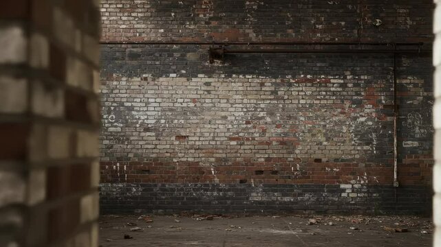 Distressed industrial brick wall texture provides an aged grunge background in an empty abandoned building interior.