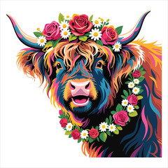 Obraz premium Vector art of a highland cow with a floral crown