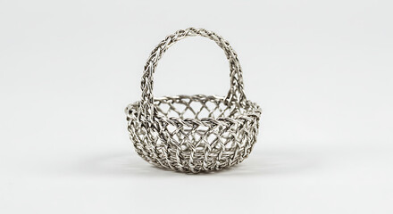 A small, intricately woven metallic basket with a handle, isolated on a clean white background, suggesting craftsmanship and decorative use.
