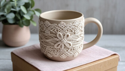 Vintage ceramic mug with lace in a gift box