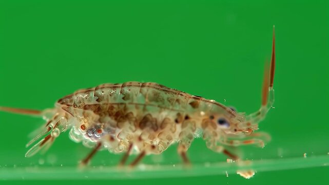 Macro Close-up of Translucent Aquatic Arthropod on Green Background