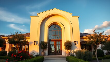 Obraz premium Grand arched doorway of a contemporary villa, framed by Mediterranean gardens under golden hour light.