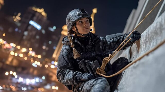 Nighttime rappel professional woman tactical gear