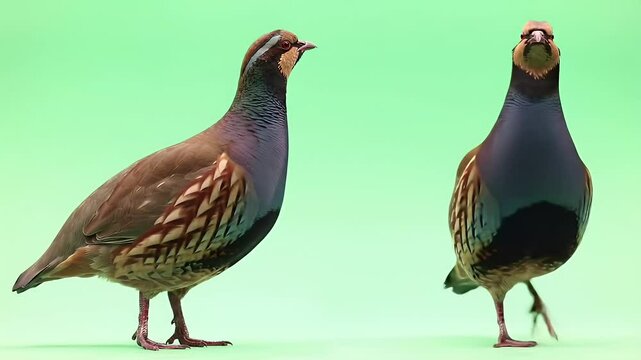 Two Colorful Game Birds, Likely Partridges, Isolated on a Vibrant Green Studio Background, Displaying Detailed Plumage from Profile and Front Views
