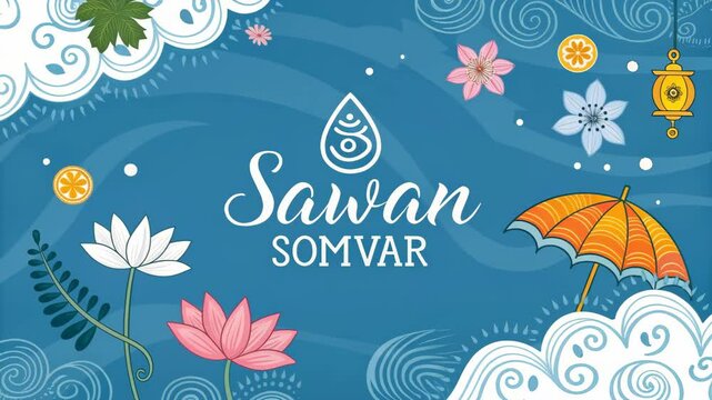 Colorful illustration featuring the text 'Sawan Somvar' surrounded by flowers, clouds, and decorative elements. The design is vibrant and festive, suitable for cultural celebrations.