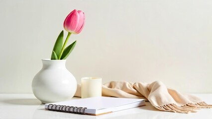 A pink tulip in a white vase sits on a table next to a blank notebook and a lit candle. A beige scarf is draped nearby
