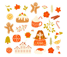 Set of cozy Christmas and winter holidays vector elements isolated on white background - mistletoe, holly berry, gingerbread, Christmas tree, gift box, girl in knitted sweater, candy cane and so on
