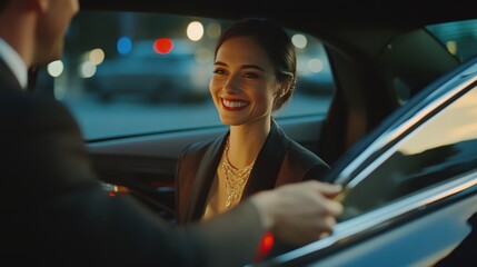 Elegant woman in a limousine with a chauffeur at night, radiating sophistication