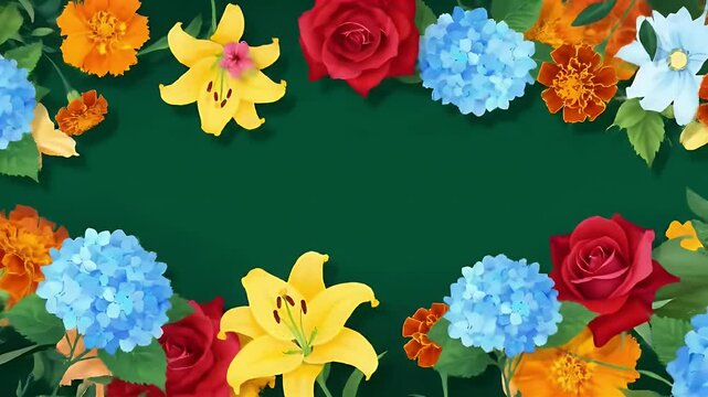 A floral arrangement of varied flowers like roses lilies hydrangeas  marigolds frames a dark green backdrop
