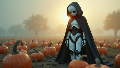 Alien robot in a cloak among pumpkins, mysterious mood, autumn landscape at sunset
