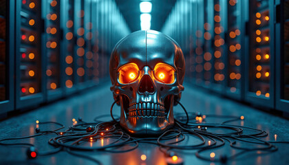 Futuristic skull with glowing eyes in a data center, cyberpunk mood, technology theme
