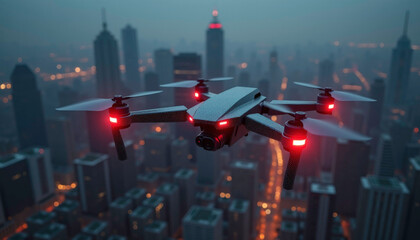 Aerial drone flying over a city skyline at dusk, high-tech mood, illuminated buildings
