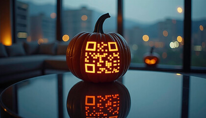 Carved pumpkin with QR code, festive mood, modern Halloween decoration, illuminated background
