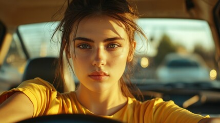 Portrait of a serene woman at the wheel bathed in sunlight during the daytime