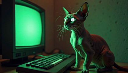 Sphynx cat with glowing eyes next to a vintage computer, curious mood, green backlight
