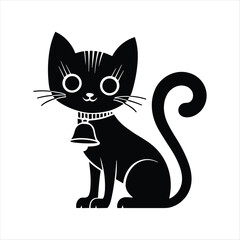 Black cat silhouette with bell and curled tail on white background collar