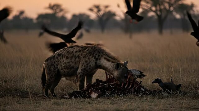 Hyena Eating Remains in the African Savannah at Dusk
