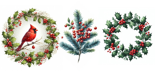 Festive Christmas Watercolor style card , red and blue ribbon, birds, bird, frame ,Christmas decor