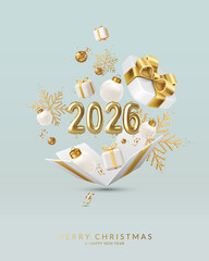 Christmas and New Year greeting card with gold balloons number 2026
