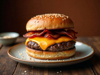 Double cheeseburger with bacon over wooden table