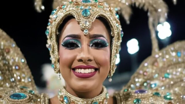 vibrant closeup on samba dancer's face in colorful costume. smiling joyfully at camera during street festival. concept of brazilian independence day, culture, celebration. exotic travel and traditions